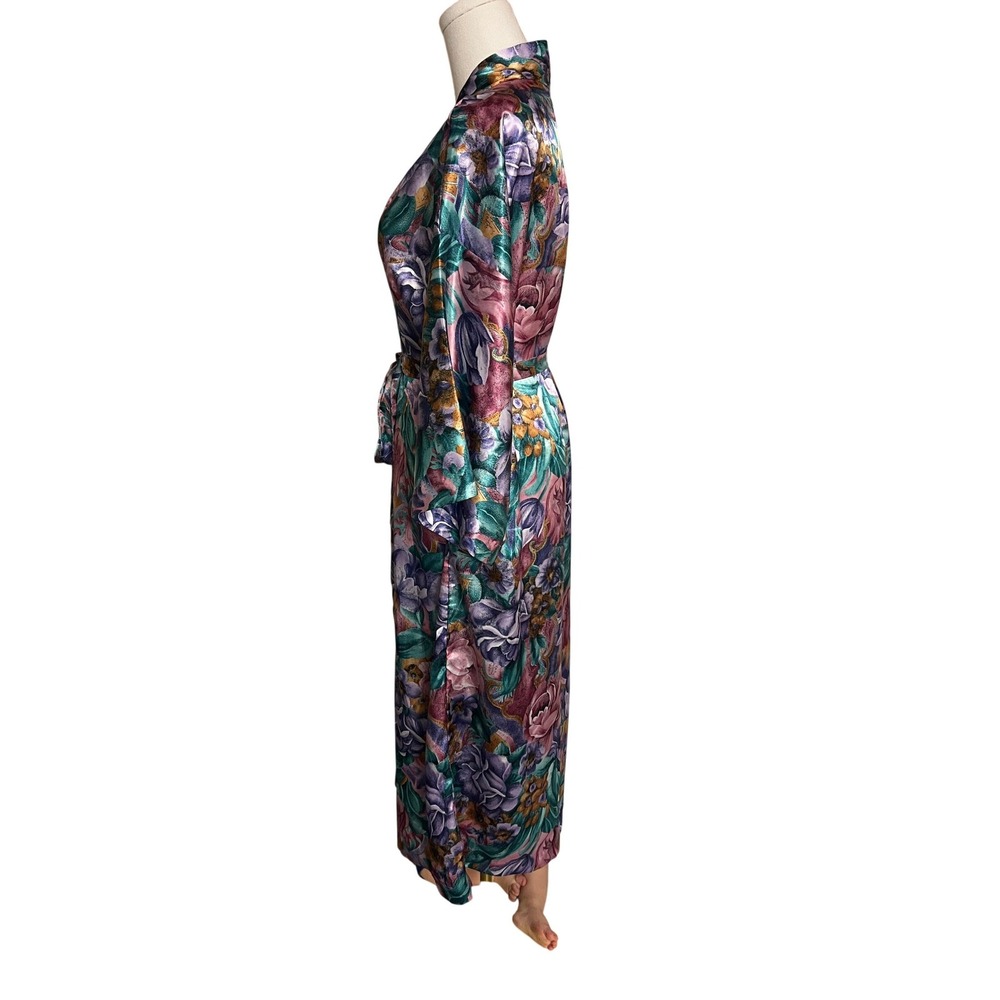 Vintage Floral Satin Robe Long Kimono Large Maximalist Lounge Regency - Picture 2 of 10